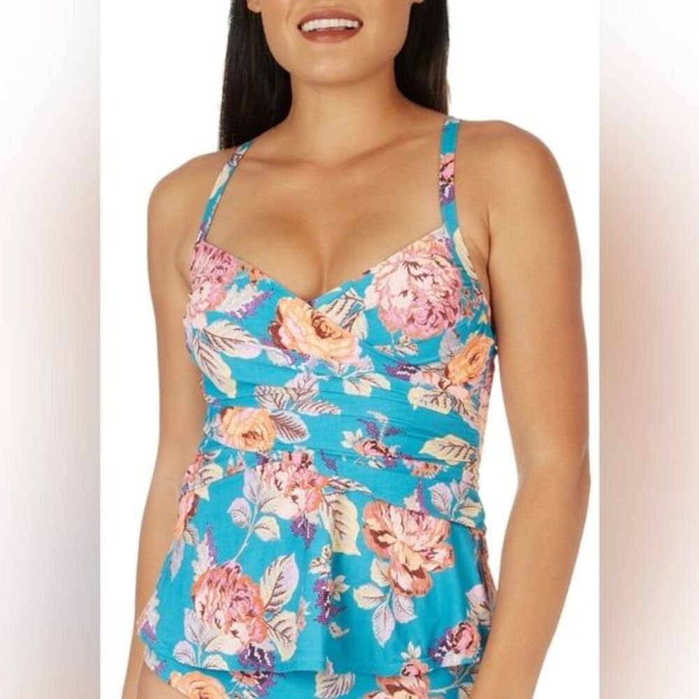 Jantzen Ideal Teal Floral Front Wrap Peplum Tankini Swim Top Size 10 Medium